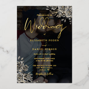 Gotische Rozen Bloemen Foto Huwelijk Zwart en Goud Folie Uitnodiging