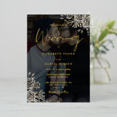 Gotische Rozen Bloemen Foto Huwelijk Zwart en Goud Folie Uitnodiging (Staand Voorkant)