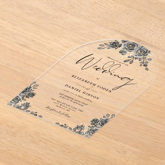 Gotische Rozen Bloemen Zwart en Gouden Boog Huweli Acryl Uitnodigingen (Laagn)