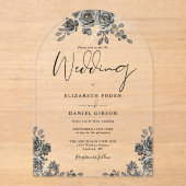Gotische Rozen Bloemen Zwart en Gouden Boog Huweli Acryl Uitnodigingen (Voorkant)