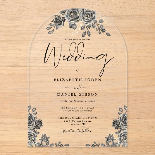 Gotische Rozen Bloemen Zwart en Gouden Boog Huweli Acryl Uitnodigingen (Voorkant)