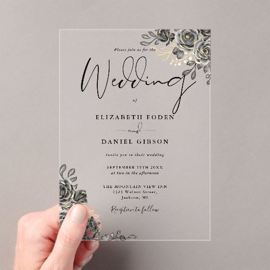 Gotische Rozen bloemenzwart en gouden bruiloft Acryl Uitnodigingen (Insitu (Draagbaar))