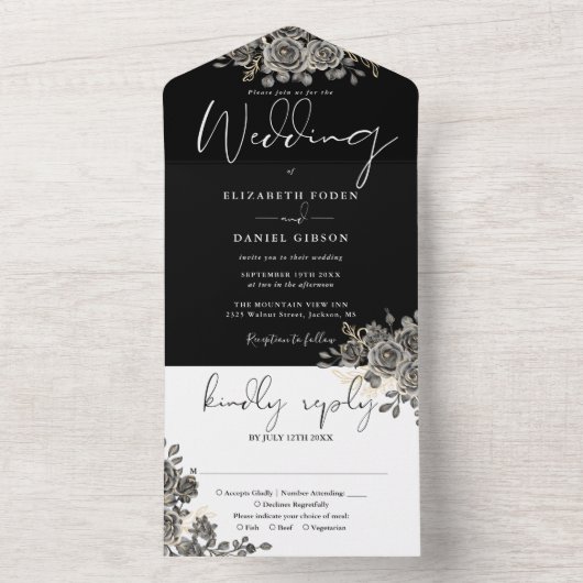 Gotische Rozen bloemenzwart-wit bruiloft All In One Uitnodiging (Binnen)