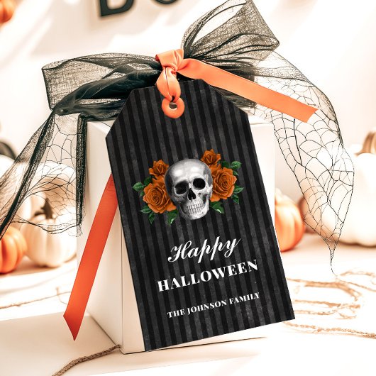 Gotische Rozen en schedel Happy Halloween Cadeaulabel