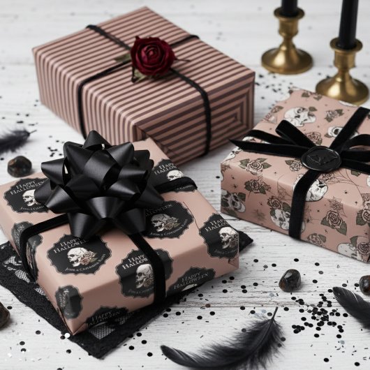 Gotische Rozen schedels en strepen Halloween Inpakpapier Vel