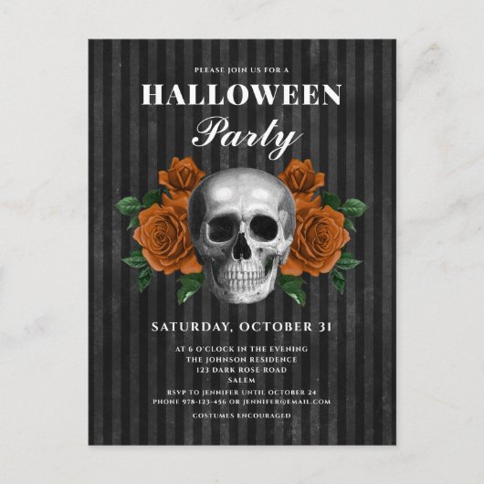 Gotische Rozen & Skull Halloween Party Briefkaart (Voorkant)
