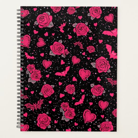 Gotische Rozen & Vleermuizen Patroon | Heet Roze D Planner (Voorkant)