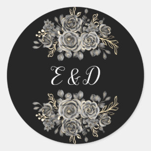 Gotische Rozen zwart-wit monogram Ronde Sticker