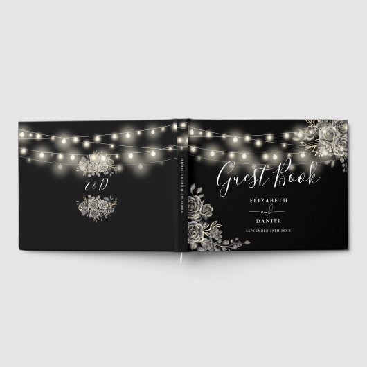 Gotische Rozen Zwart-wit String Lights Bruiloft Gastenboek (Volledig)