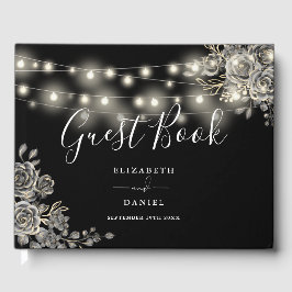 Gotische Rozen Zwart-wit String Lights Bruiloft Gastenboek