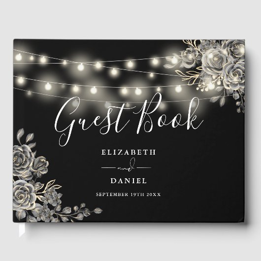 Gotische Rozen Zwart-wit String Lights Bruiloft Gastenboek (Voorkant)