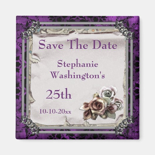 Gotische Rozen & Zwarte Damast 25e Save The Date Magneet (Voorkant)