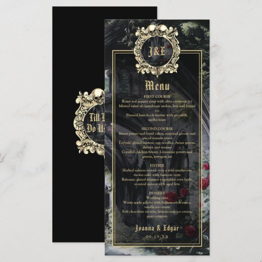 Gotische Ruïnes Bloemrozen Bruiloft Menu (Voorkant / Achterkant)