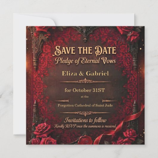 Gotische Save the Date met Rode Roos en Waszegel (Voorkant)