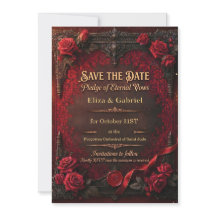Gotische Save the Date met rode roos en waszegel