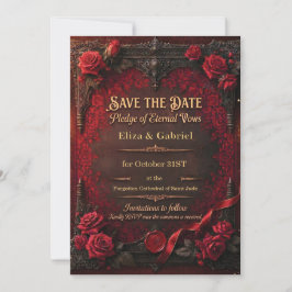 Gotische Save the Date met rode roos en waszegel Kaart