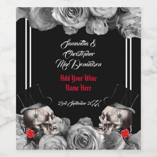 Gotische schedel biker of rock thema zwart bruilof wijn etiket (Enkel label)