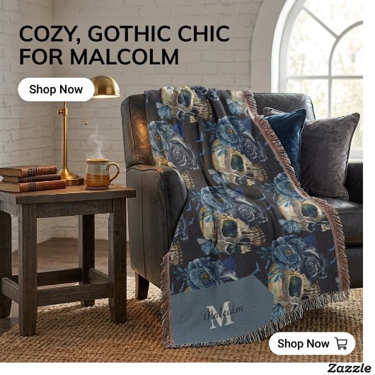 Gotische Schedel & Blau Roos Halloween-monogram Deken