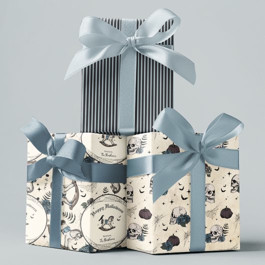 Gotische Schedel Blauwe Rozen Pompoen Boy Hallowee Inpakpapier Vel