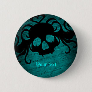 Gotische schedel blauwgroen ronde button 5,7 cm