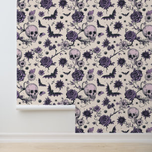 Gotische schedel Bloemen Schedel Vleermuis Behang