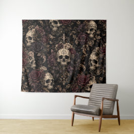 Gotische Schedel & Bloemmotief – Vintage Romantisc Wandkleed