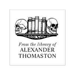 Gotische schedel boekensteunen op een plank biblio  zelfinktende stempel