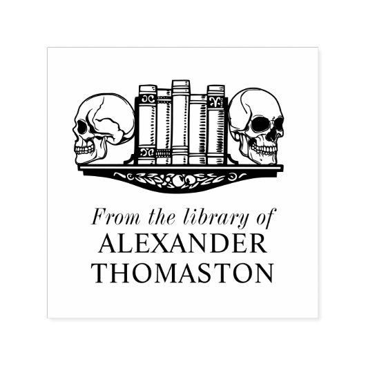 Gotische schedel boeksteunen op een plank biblioth  zelfinktende stempel (Design)