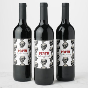 Gotische schedel ‘Dood voor decaf’   Spooky Funny  Wijn Etiket