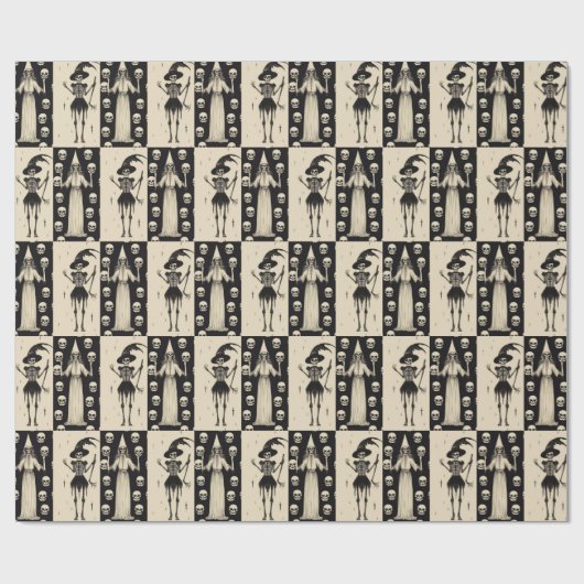 Gotische  schedel en heks schaakbord cadeaupapier (Vlak)