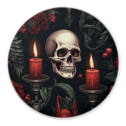 Gotische schedel en kaarsen keramische knop (Voorkant)