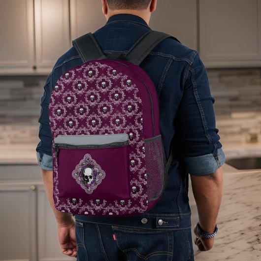 Gotische schedel en kant Damast Grijs Paarse Auber Bedrukte Rugzak
