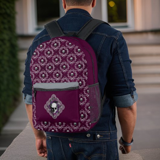 Gotische schedel en kant Damast Grijs Paarse Auber Bedrukte Rugzak