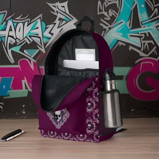 Gotische schedel en kant Damast Grijs Paarse Auber Bedrukte Rugzak