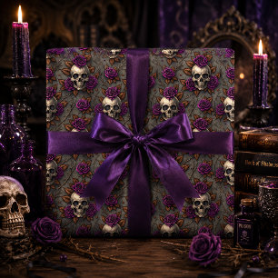 Gotische Schedel en Paarse Rozen Donkere Bloemen Cadeaupapier