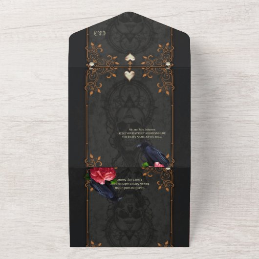 Gotische schedel en raaf. all in one uitnodiging (Buitenkant)