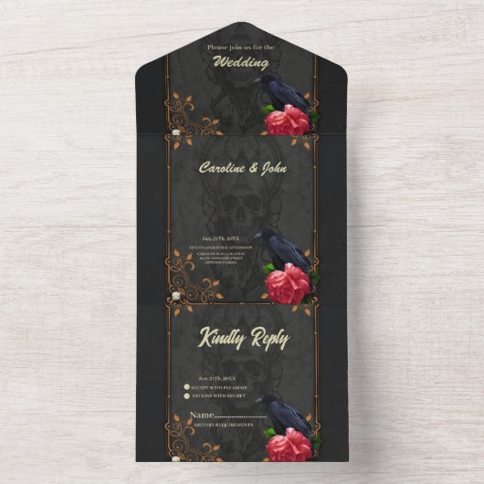 Gotische schedel en raaf. all in one uitnodiging (Binnen)