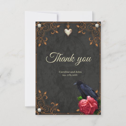 Gotische schedel en raaf. bedankkaart (Voorkant)