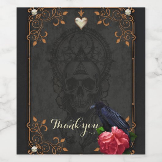 Gotische schedel en raaf. wijn etiket (Enkel label)