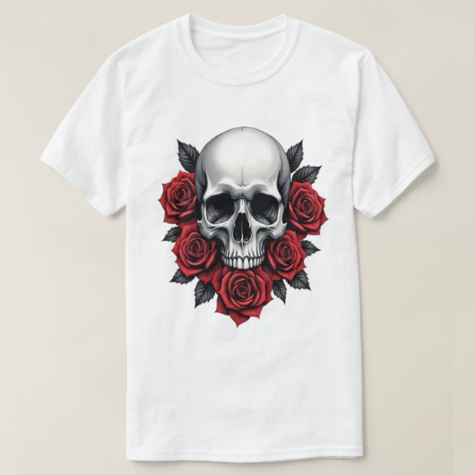 Gotische schedel en rode rozen donker t-shirt (Design voorkant)