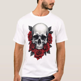 Gotische schedel en rode rozen donker t-shirt
