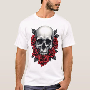 Gotische schedel en rode rozen donker t-shirt