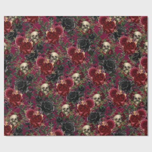  Gotische Schedel en Rozen Rood en Zwart Cadeaupapier (Vlak)