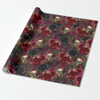 Gotische Schedel en Rozen Rood en Zwart Cadeaupapier