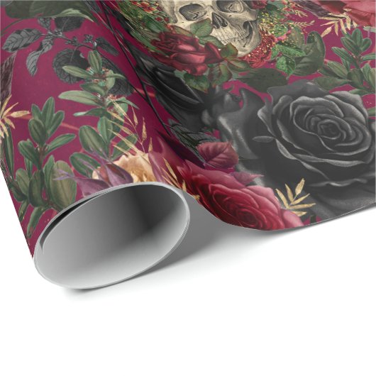  Gotische Schedel en Rozen Rood en Zwart Cadeaupapier (Rol Hoek)