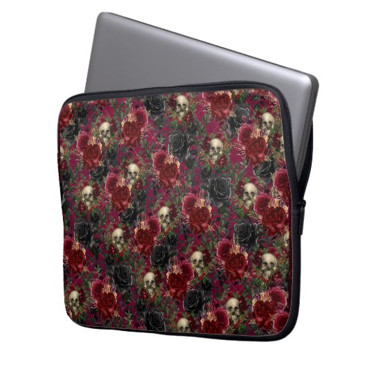  Gotische Schedel en Rozen Rood en Zwart Laptop Sleeve (Voorkant Links)