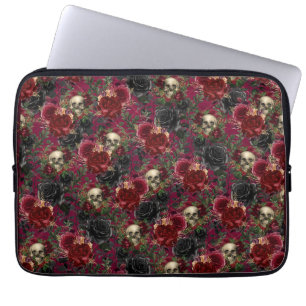  Gotische Schedel en Rozen Rood en Zwart Laptop Sleeve