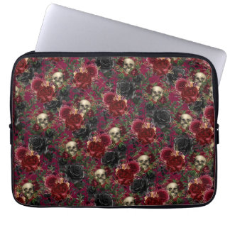 Gotische Schedel en Rozen Rood en Zwart Laptop Sleeve