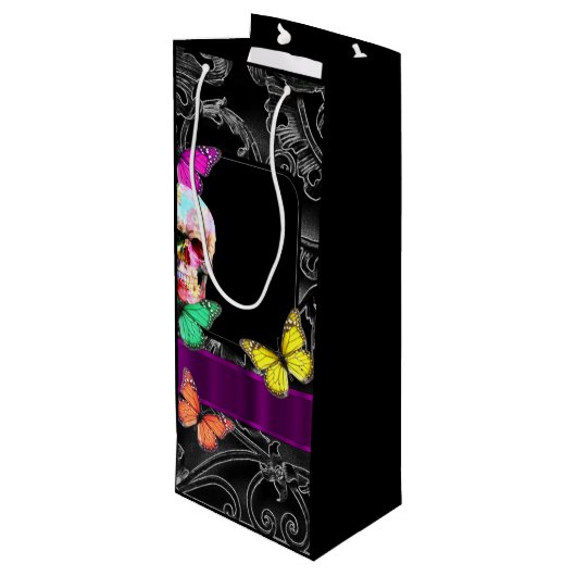 Gotische schedel en zwart gepersonaliseerde bruilo wijn cadeautas (Achterkant Gekanteld)