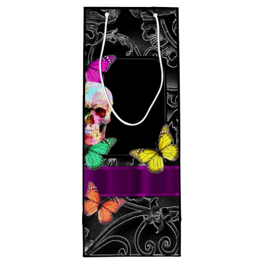 Gotische schedel en zwart gepersonaliseerde bruilo wijn cadeautas (Achterkant)